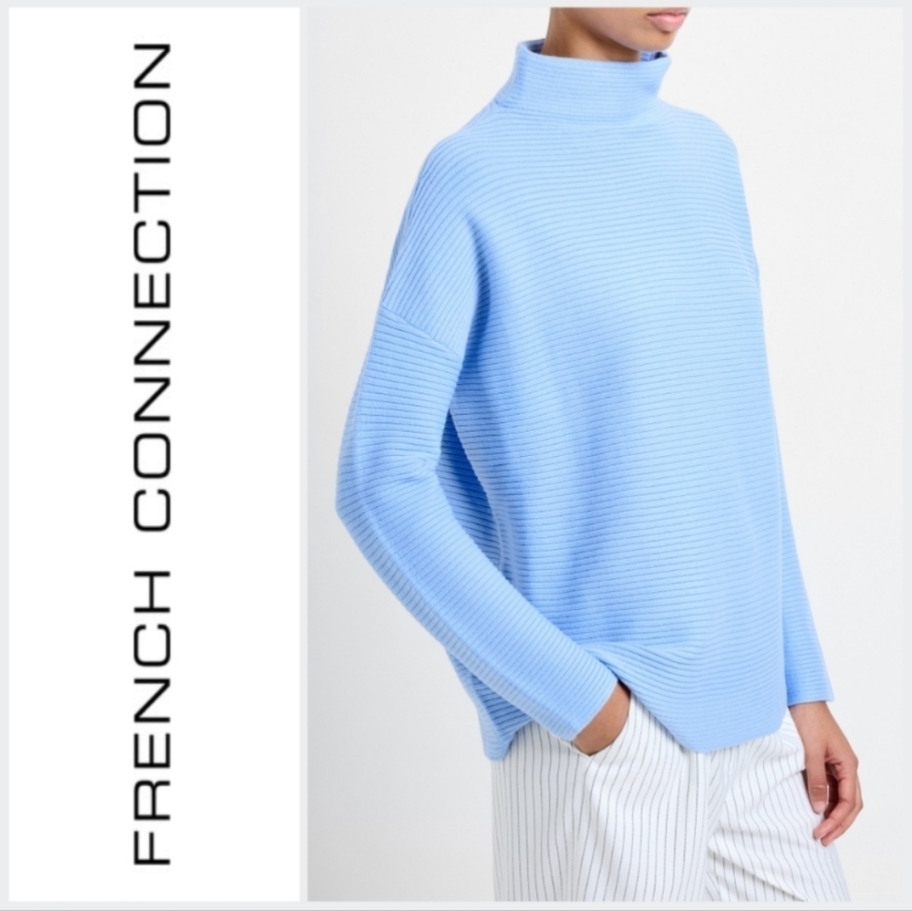 French Connection Babysoft Ribbed Mock Neck Slotchy Jumper Sweater, Blue